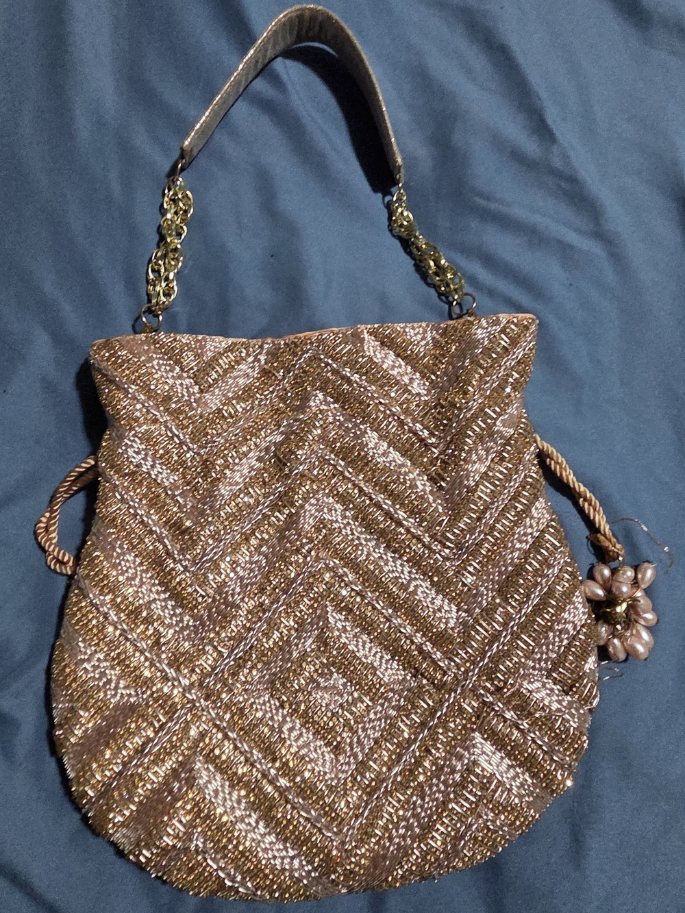 Sparkling Rose Gold Beaded Evening Bag with Chain Handle